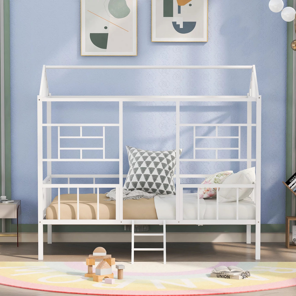 White Twin Size Metal Platform Bed Frame with Slatted Support J42158