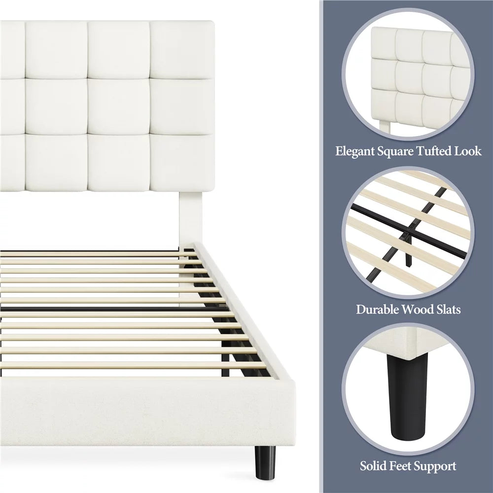 Queen Size Beige Upholstered Platform Bed W253