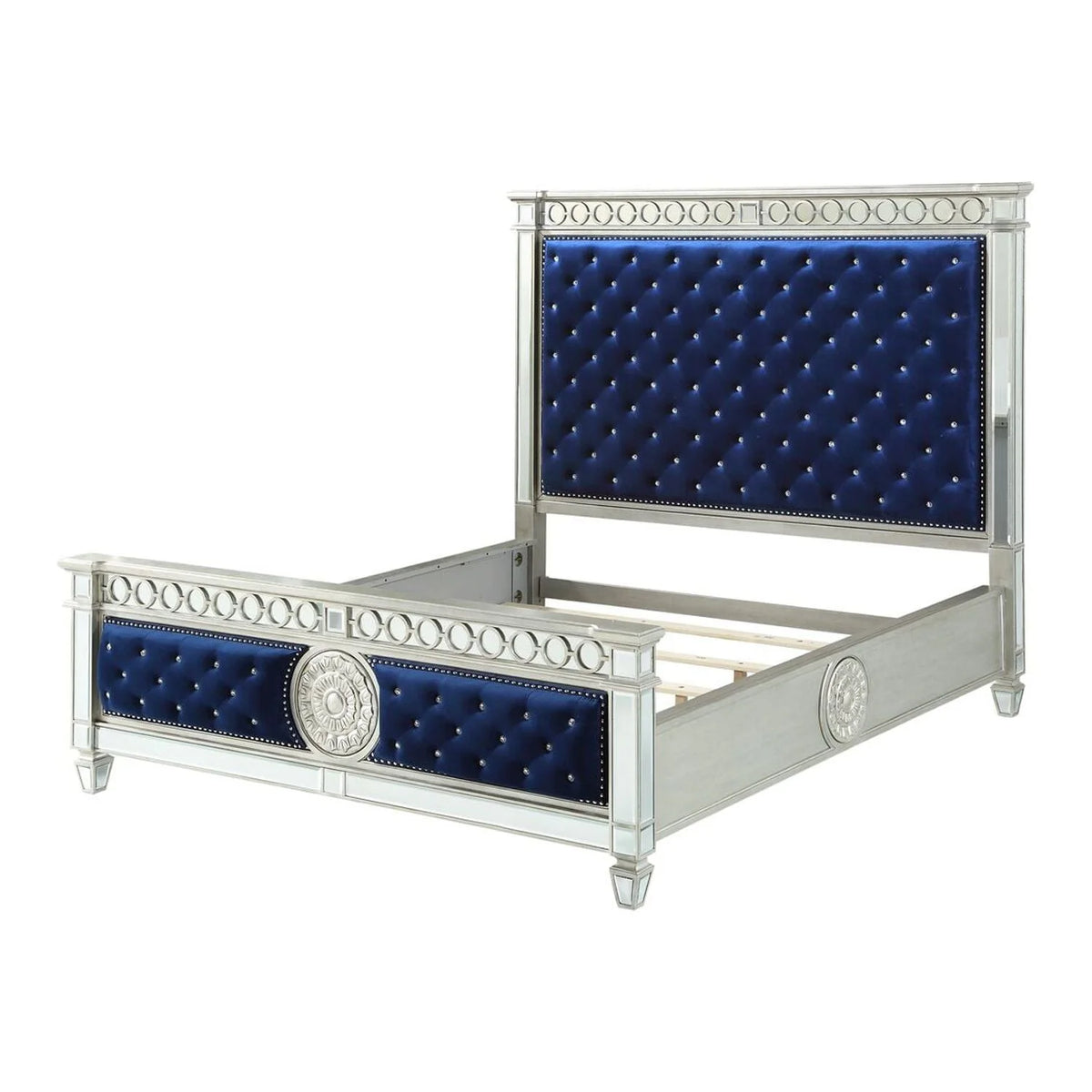 California King Tufted Panel Bed Blue Velvet Mirrored B188