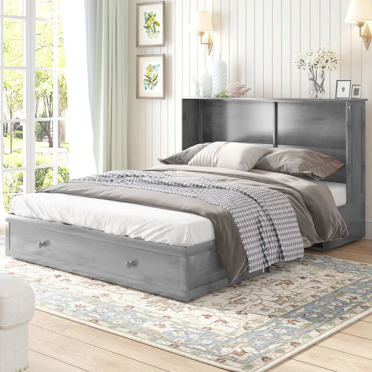 Queen Murphy Bed Chest with Trifold Foam Mattress and Storage Drawers R729