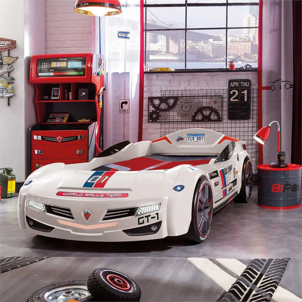 White Wood Twin Race Car Bed I560030
