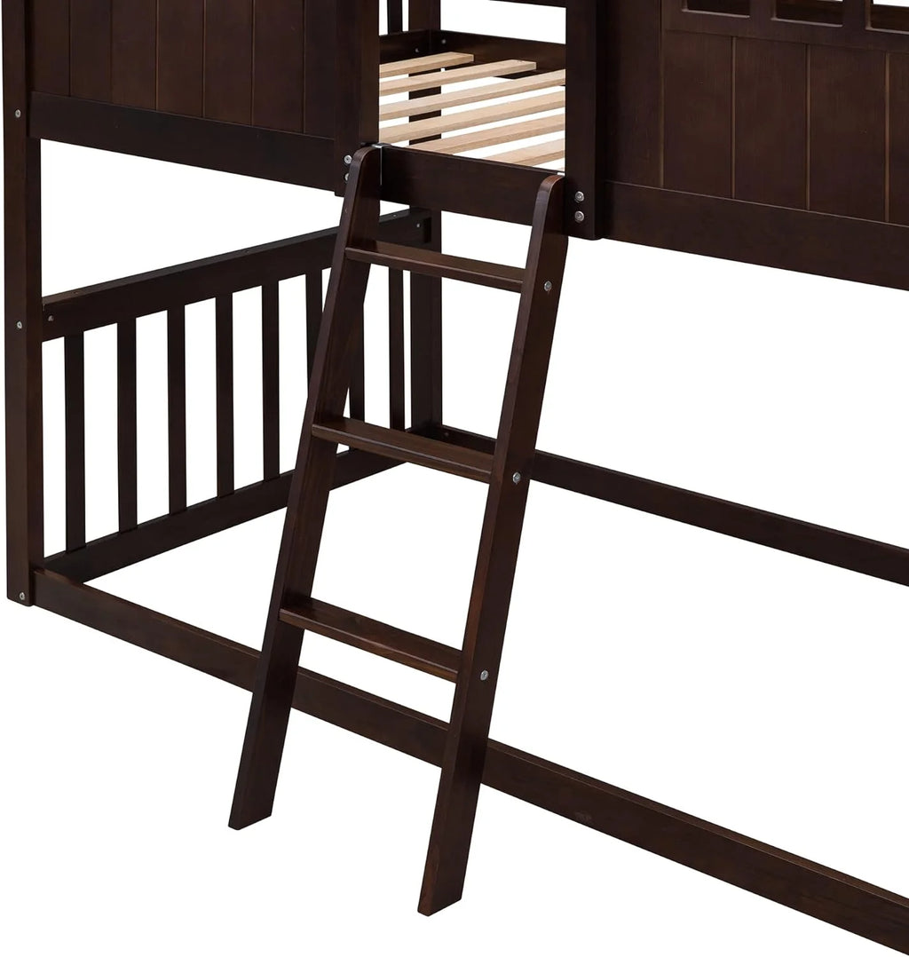 Espresso Wood House Bed with Ladder and Guard Rail Y218