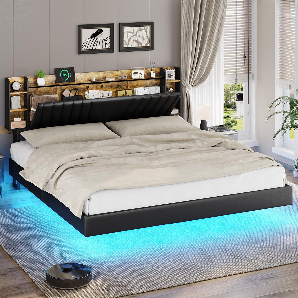Full Floating Bed Frame with Charging Station, Black Q99706