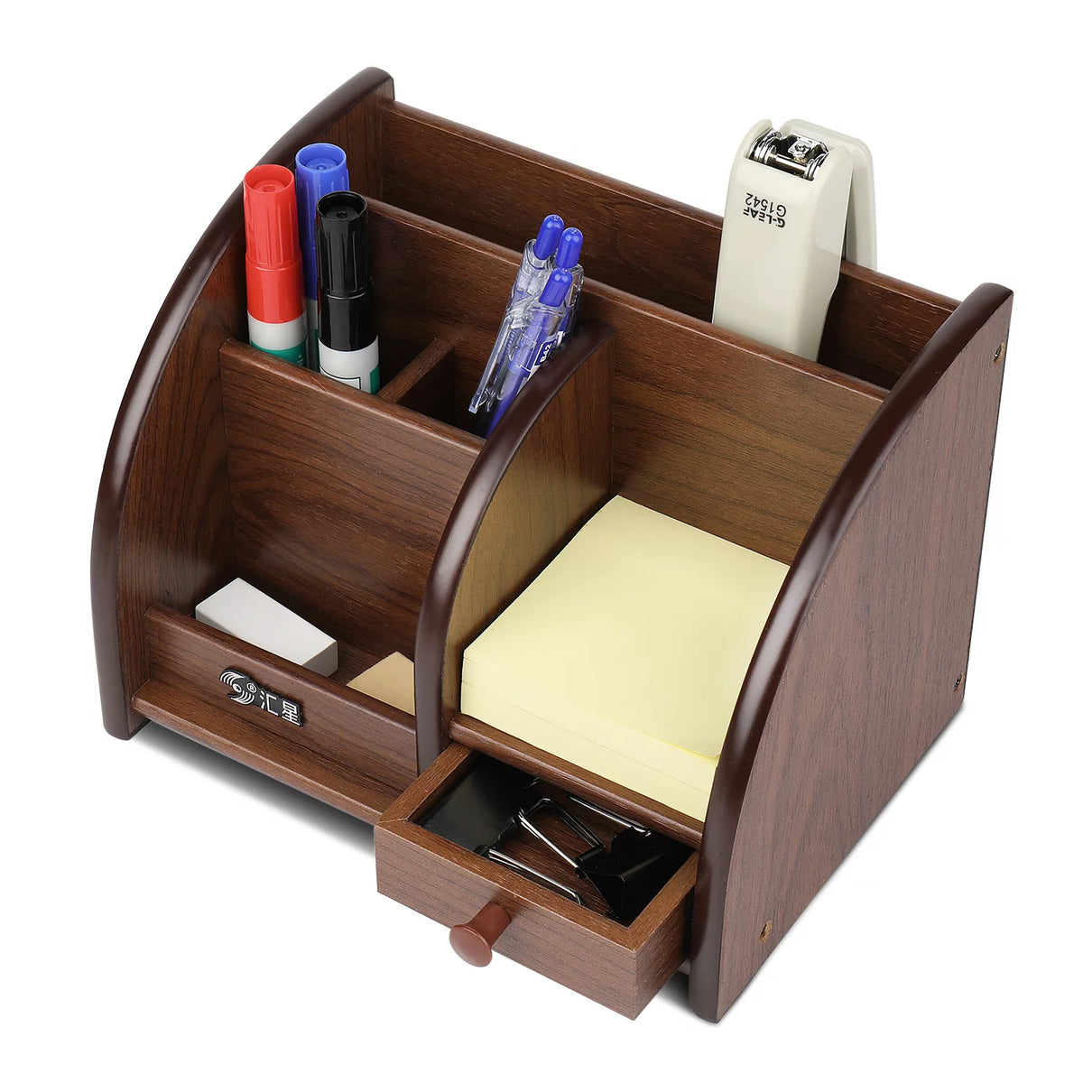 Wooden Remote Control Holder Caddy Desktop Organizer with Drawers Cherry Brown Q87299
