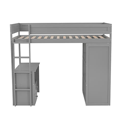 Full Size Gray Solid Wood Loft Bed with Wardrobe Desk and Shelves K204