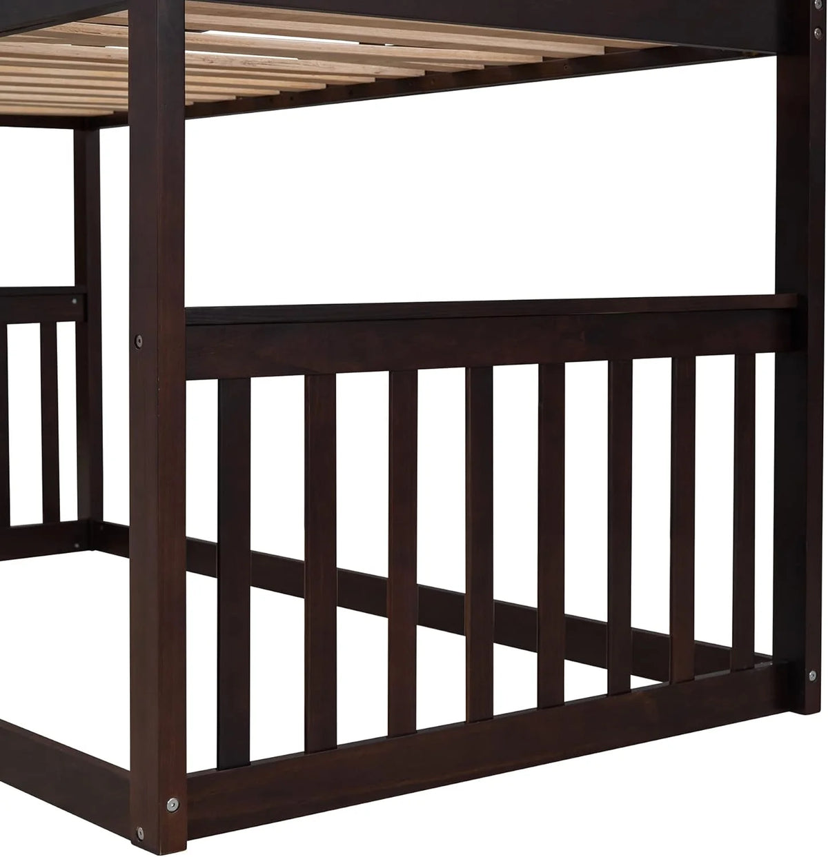 Espresso Wood House Bed with Ladder and Guard Rail Y218