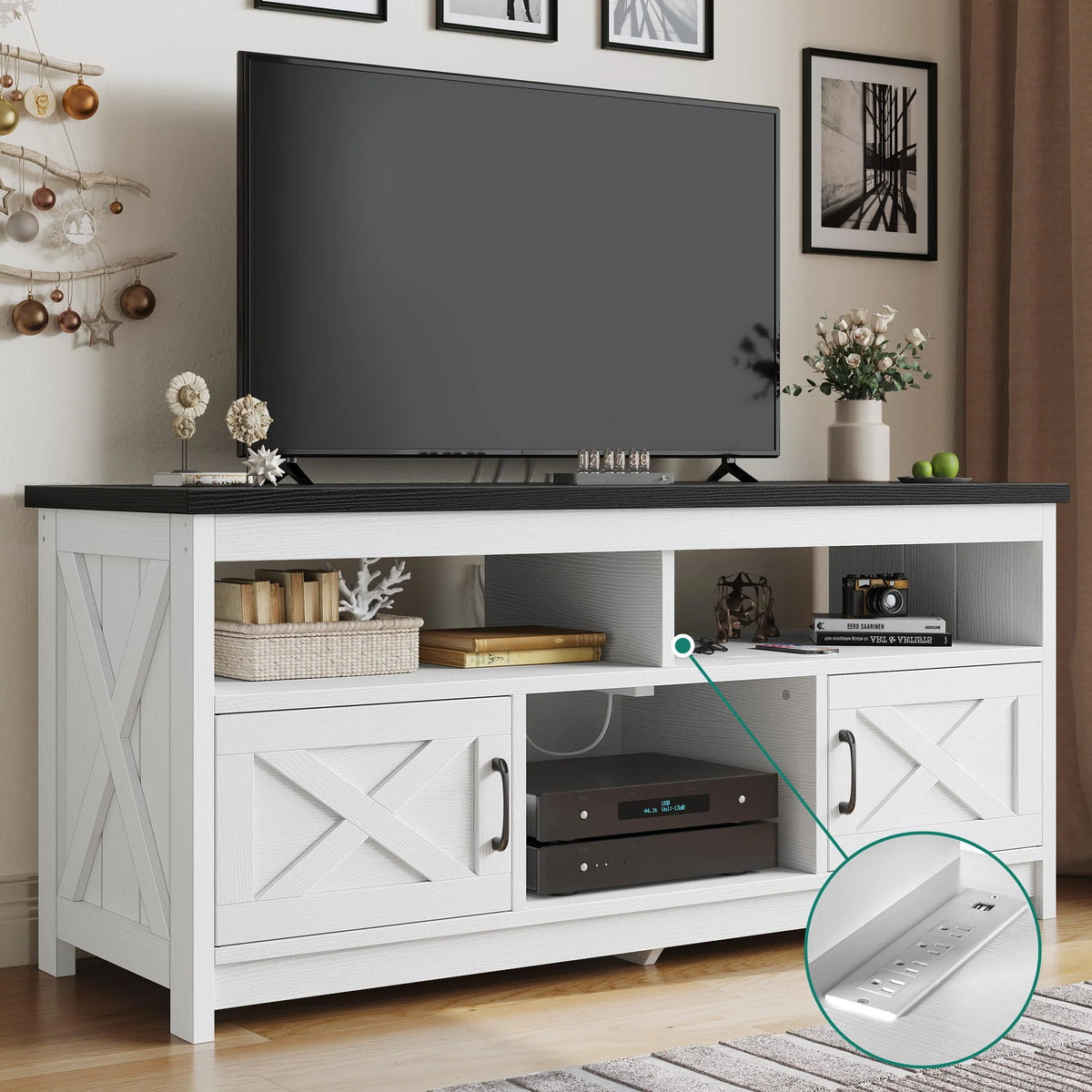 Farmhouse TV Stand up to 65 inch with Power Outlet, Grey Wash G83721
