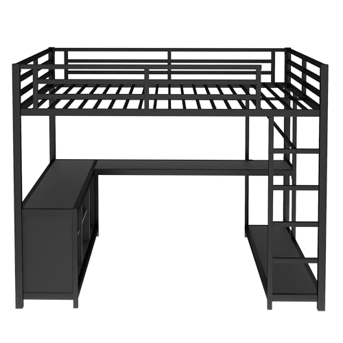 Queen Metal Loft Bed with Wardrobe, Desk and Shelves G928