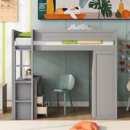 Full Size Gray Solid Wood Loft Bed with Wardrobe Desk and Shelves K204
