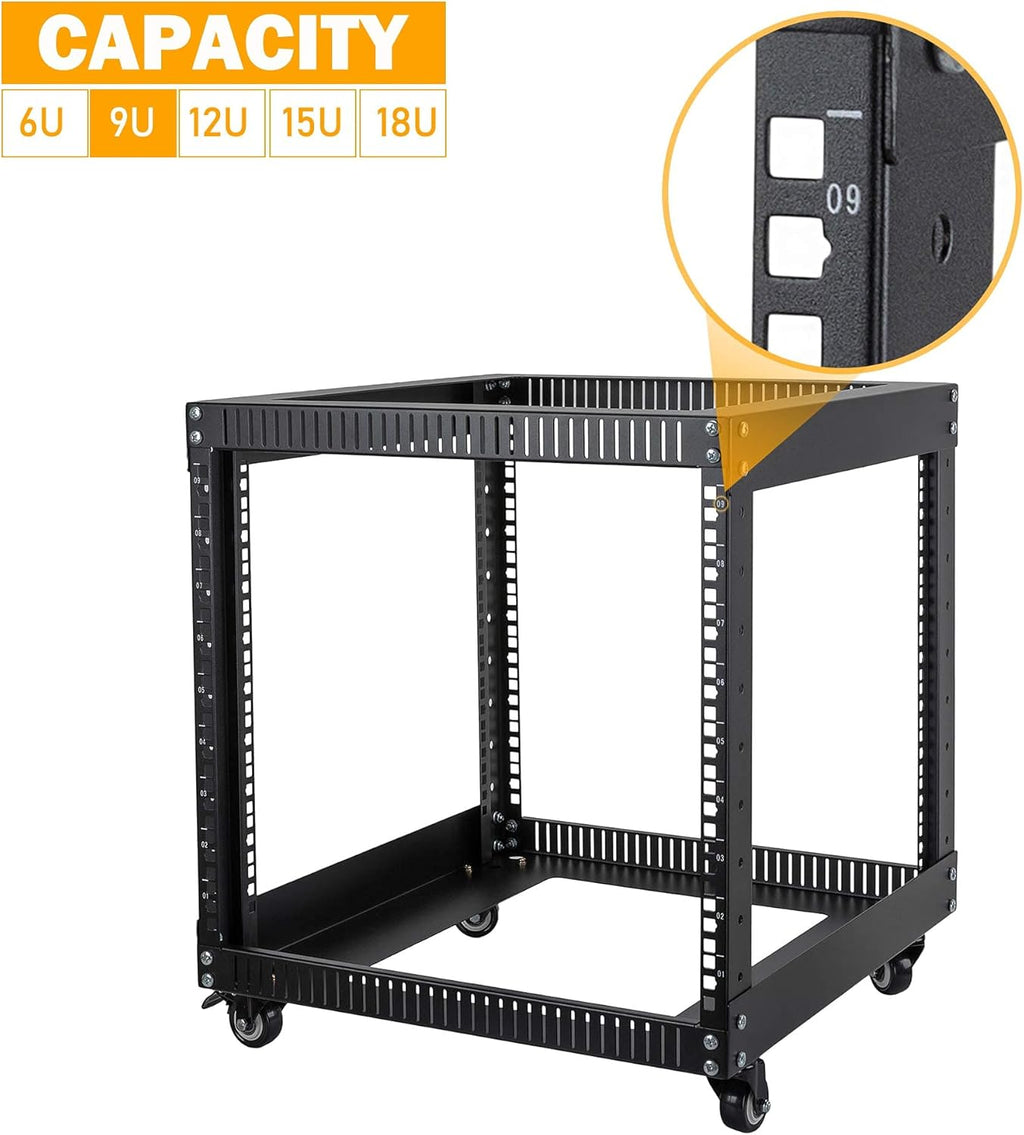 9U Open Frame Server Rack with Casters Black J218269