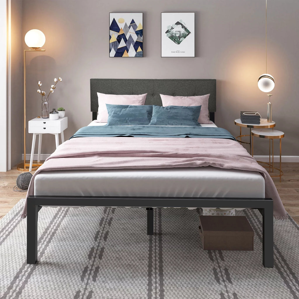 Queen Upholstered Platform Bed Frame with Adjustable Headboard X637469