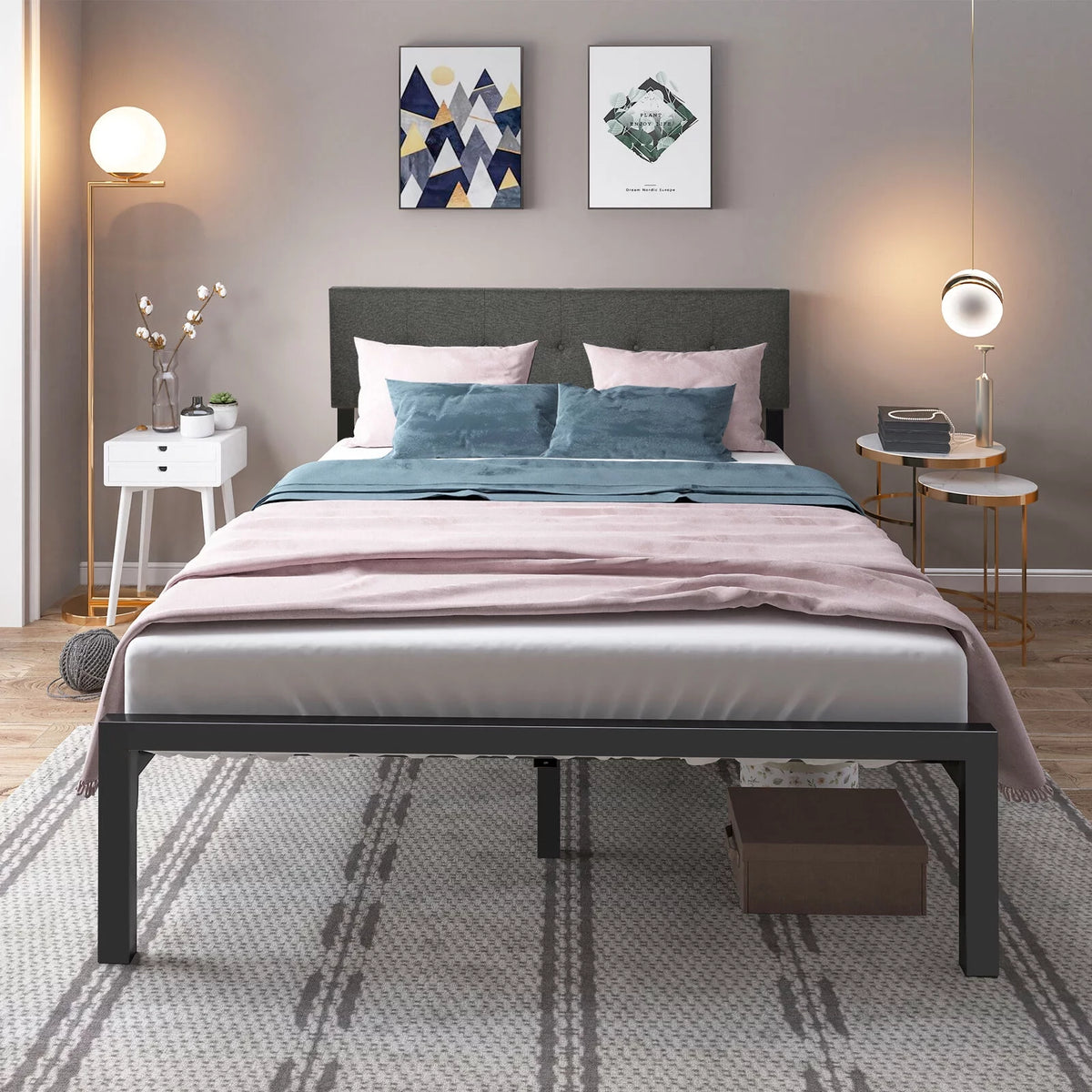 Queen Upholstered Platform Bed Frame with Adjustable Headboard X637469