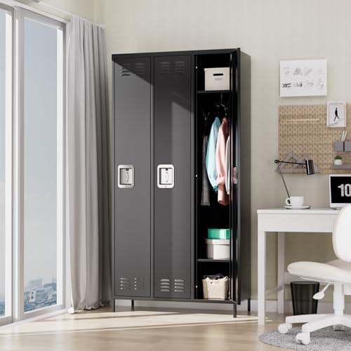 9 Door Metal Storage Cabinet with 27 Hooks and 9 Shelves, Black R540