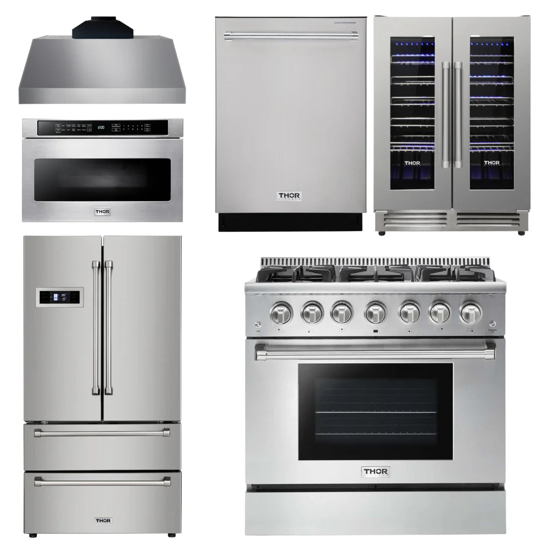 36 Propane Gas Range, Range Hood, Microwave, Refrigerator, Dishwasher, Wine Cooler X18256