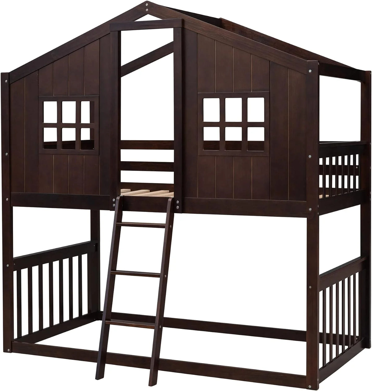 Espresso Wood House Bed with Ladder and Guard Rail Y218