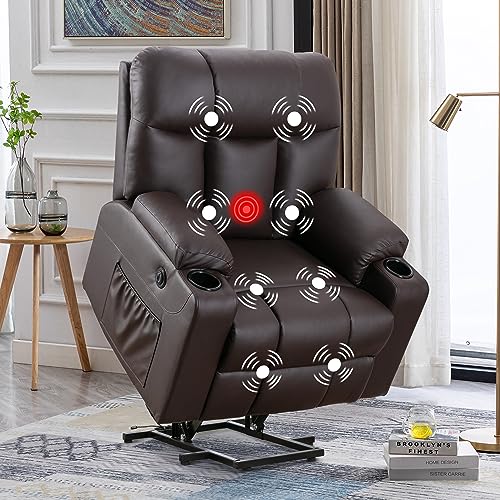 Brown Faux Leather Oversized Power Lift Recliner Chair with Heated and Massage O884