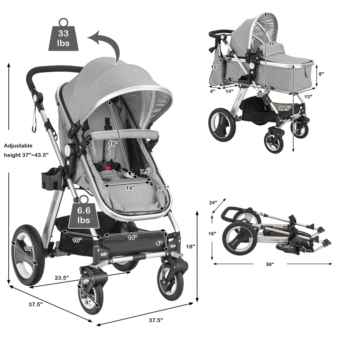 Folding Aluminum Baby Stroller with Diaper Bag M196