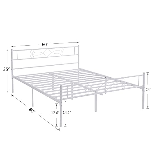 14" Full Size White Metal Platform Bed Frame with Headboard K667