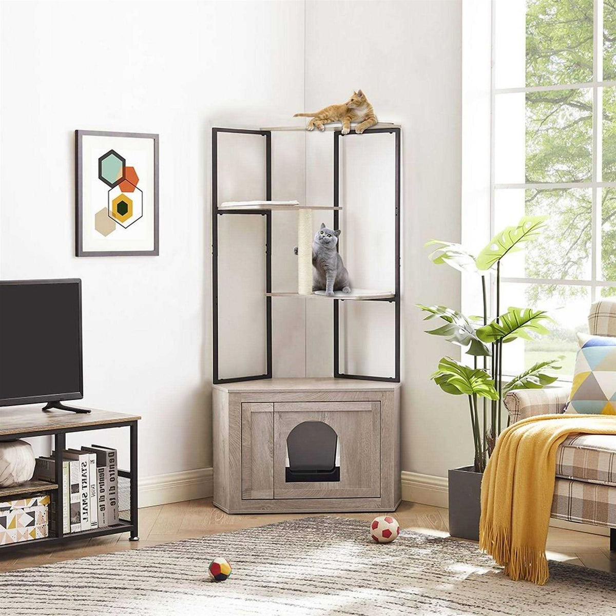 Corner Box Enclosure with Cat Tree Tower Cat Litter J1373