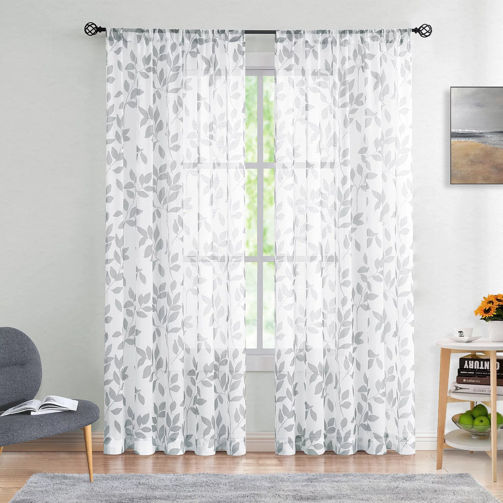 Gray and White Leaf Sheer Curtains 50"W x 95"L 2 Panels J25277