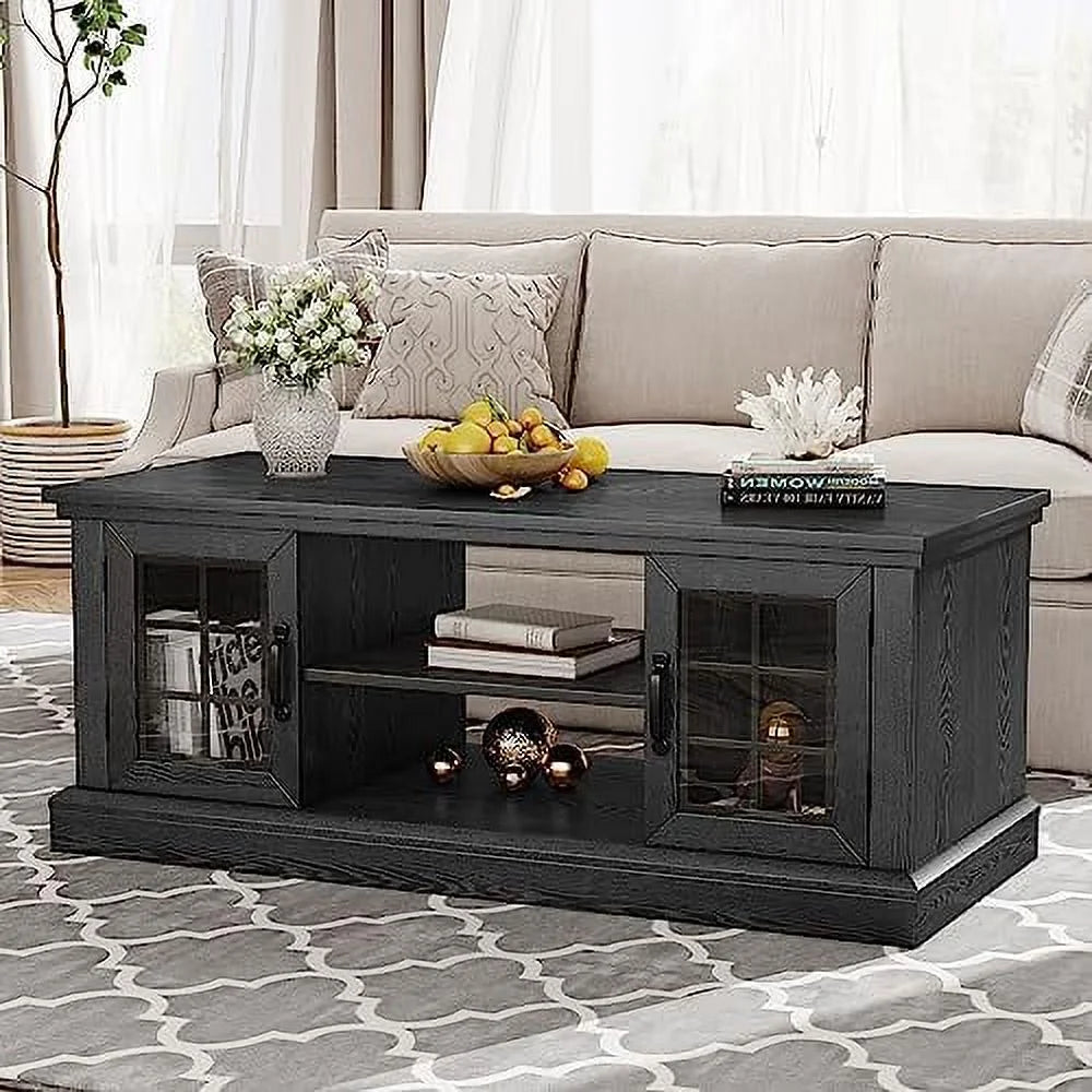 Farmhouse Coffee Table with Glass Door 47" Rustic 2 Shelves Black V3186
