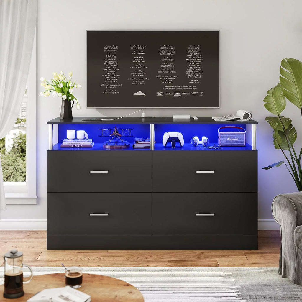 Black 4 Drawer Dresser with LED Lights & Charging Station T7015