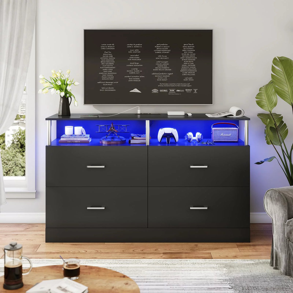 Black 4 Drawer Dresser with LED Lights & Charging Station T7015