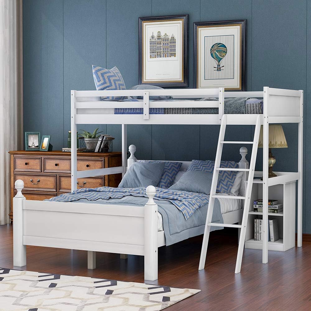 Twin Over Full Wood Loft Bunk Bed with Cabinet, Ladders, Shelves and Safety Rail U315909