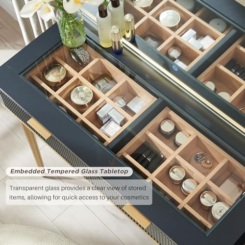 48" Glass Top Vanity Desk with Lighted Mirror and 5 Drawers I7512