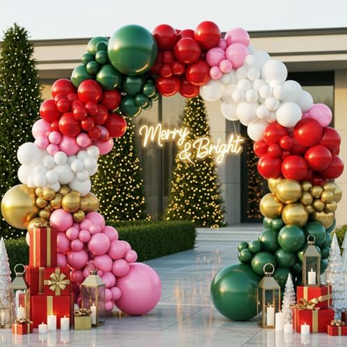 143pcs Double Stuffed Green Red White Pink Gold Balloon Arch Kit J20380