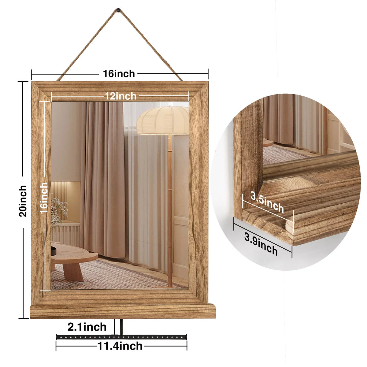 Wall Mirror with Shelf and Metal Hanging Rod, 20 x 16 inch G930522
