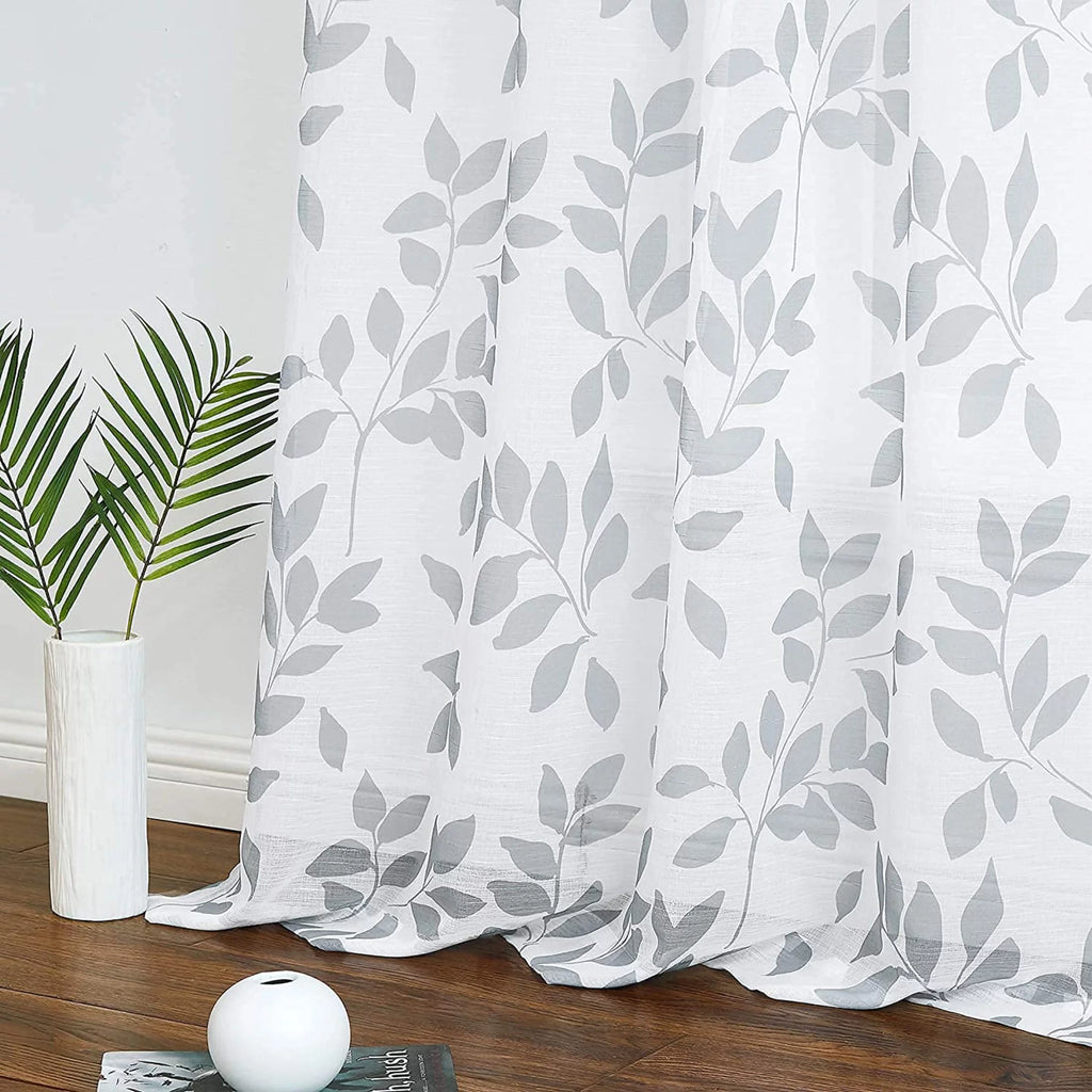 Gray and White Leaf Sheer Curtains 50"W x 95"L 2 Panels J25277