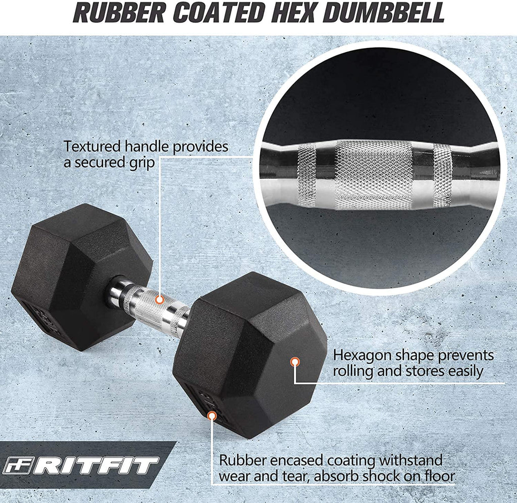 Rubber Hex Dumbbell 5-60 Lbs with Metal Handle O5708