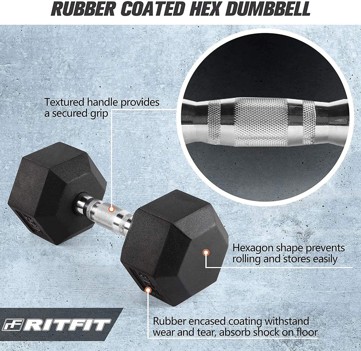 Rubber Hex Dumbbell 5-60 Lbs with Metal Handle O5708