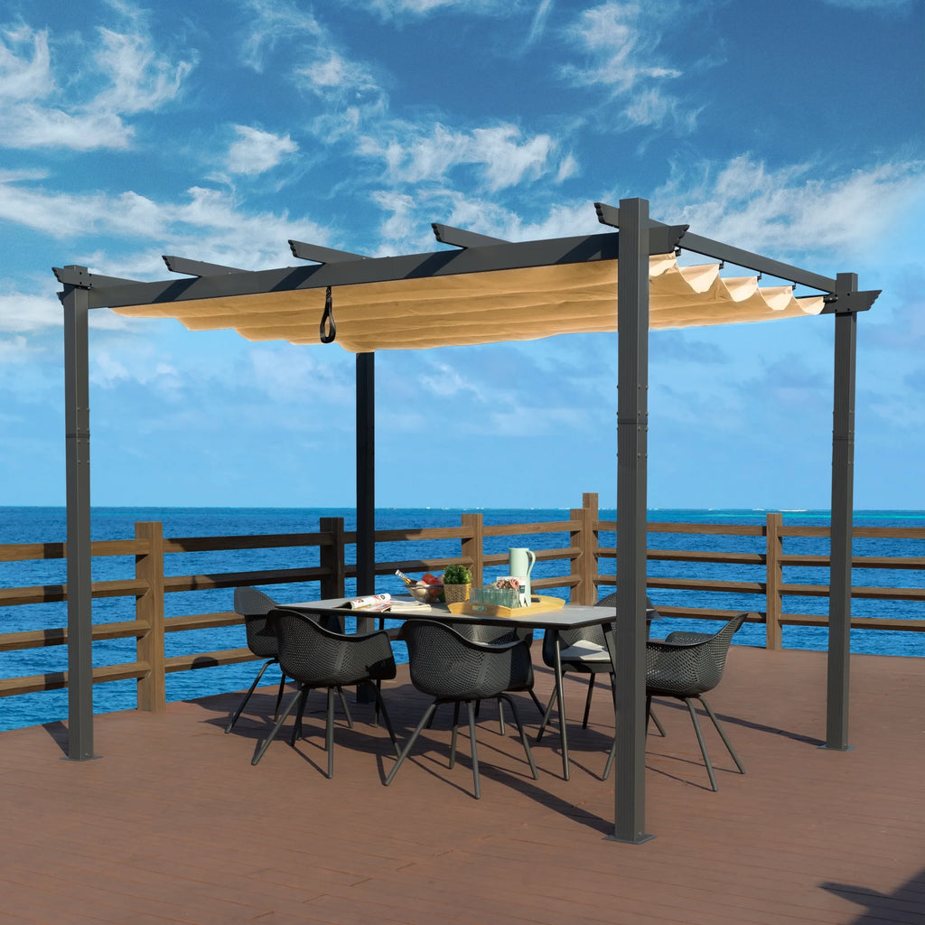 Extra-Large Gray Aluminum Frame Pergola with Sunshade Canopy 10'x12' Beige S834