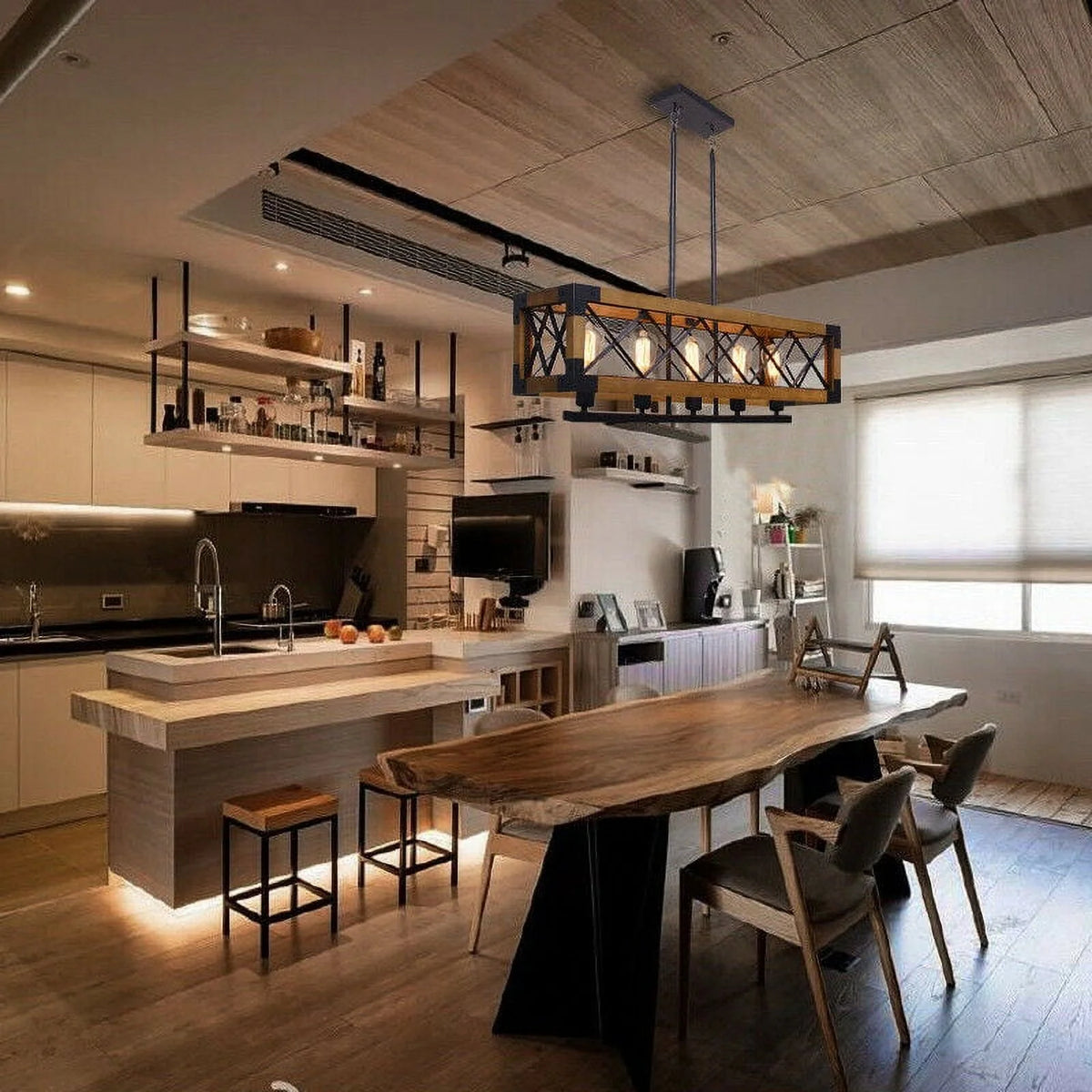 5-Lights Wooden Rectangle Pendant Light Fixture F925380