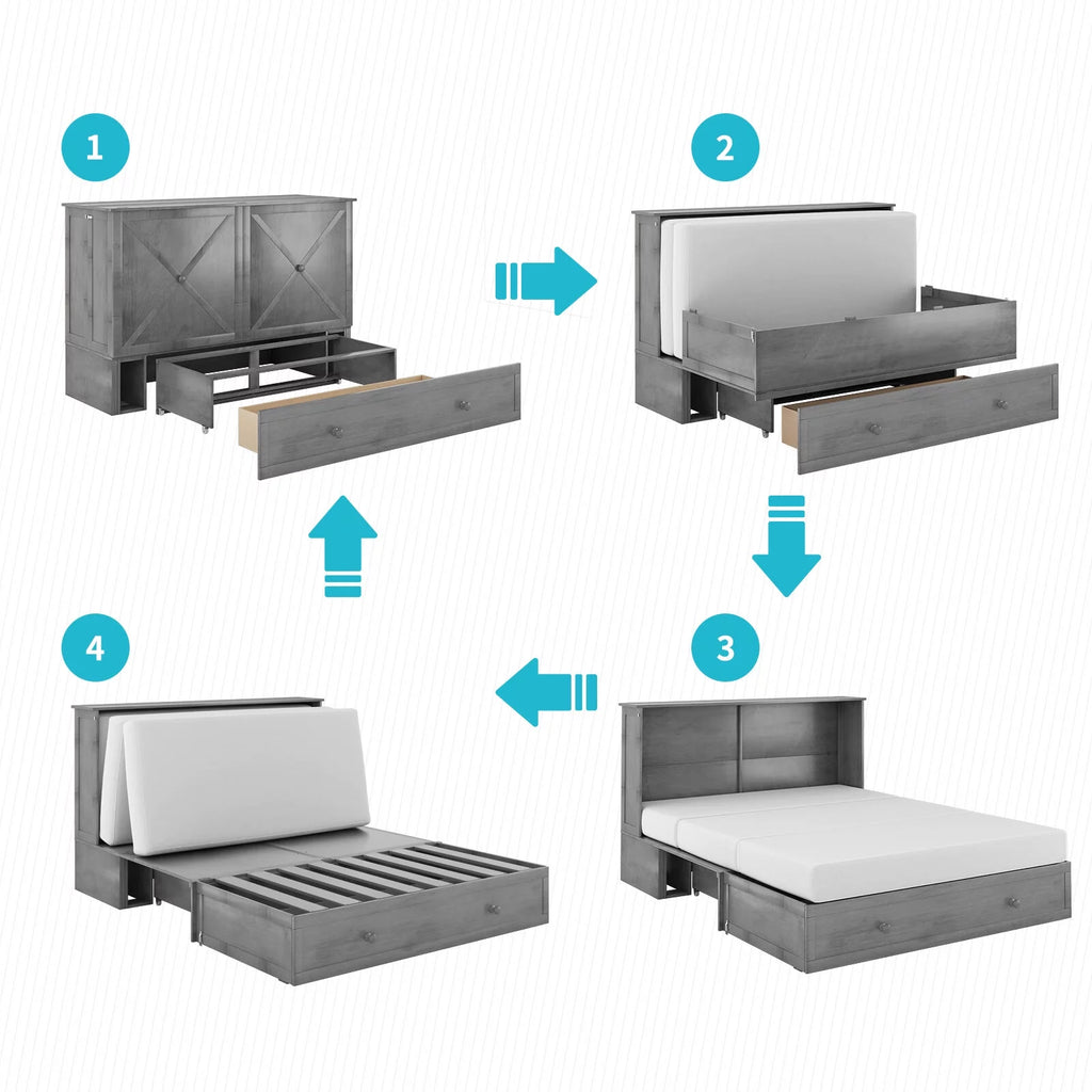 Queen Murphy Bed Chest with Trifold Foam Mattress and Storage Drawers R729