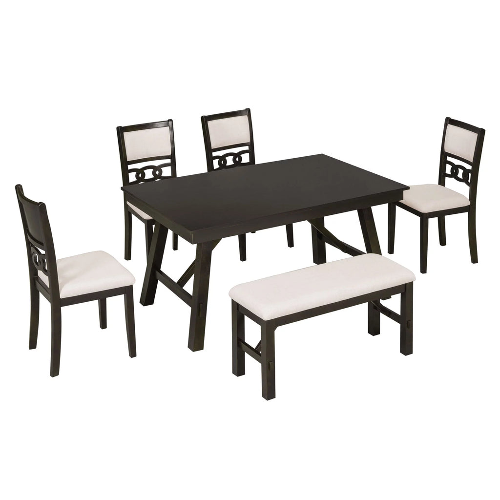 6 Piece Espresso Wooden Dining Table Set with Bench and 4 Upholstered Chairs J5725