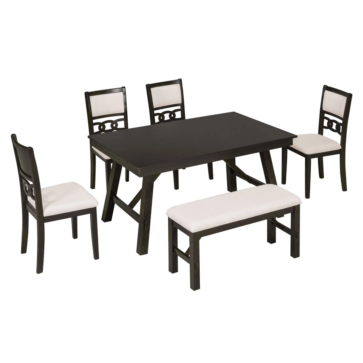 6 Piece Espresso Wooden Dining Table Set with Bench and 4 Upholstered Chairs J5725