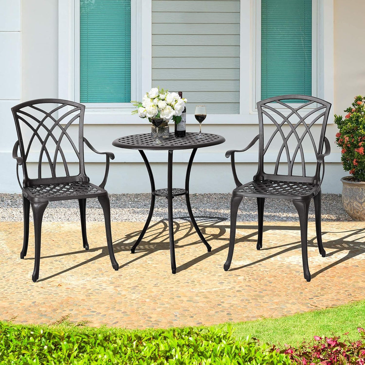3 Piece Cast Aluminum Patio Bistro Set with Umbrella Hole U62789
