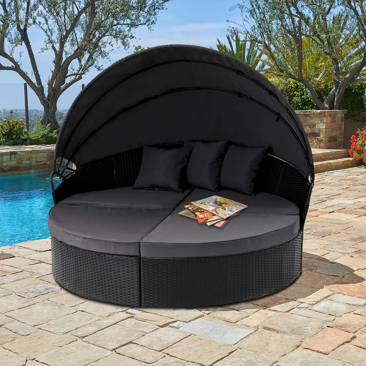 Outdoor Patio Round Daybed with Retractable Canopy Black Wicker Z798523