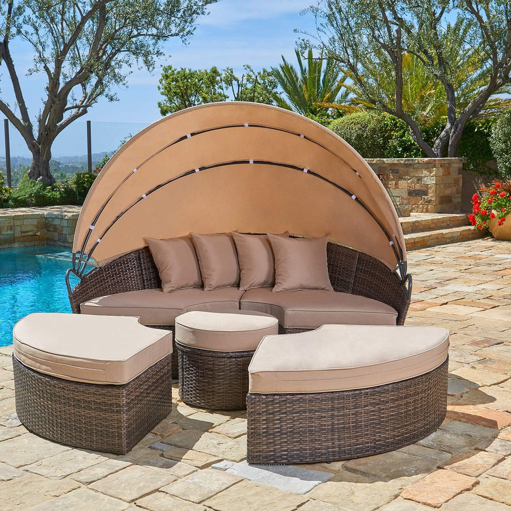 Outdoor Patio Round Daybed with Retractable Canopy Black Wicker Z798523