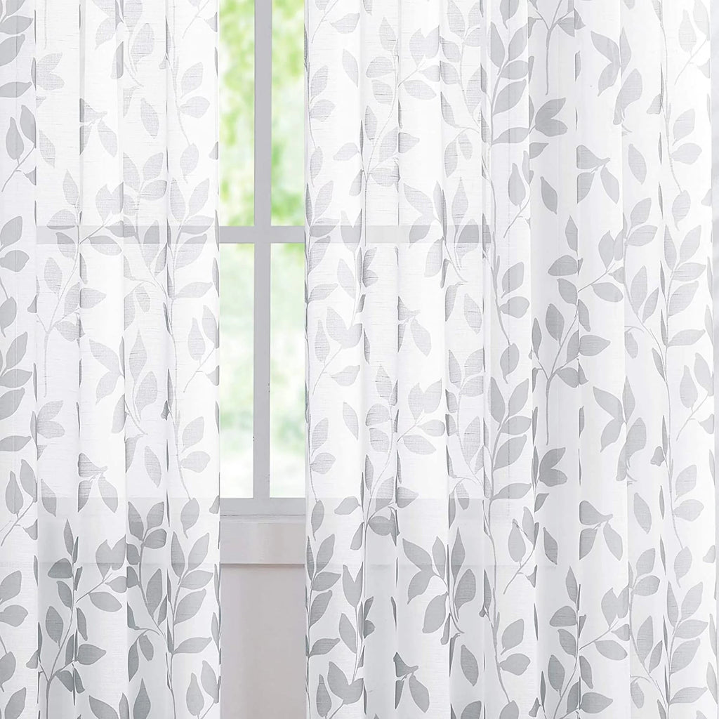 Gray and White Leaf Sheer Curtains 50"W x 95"L 2 Panels J25277