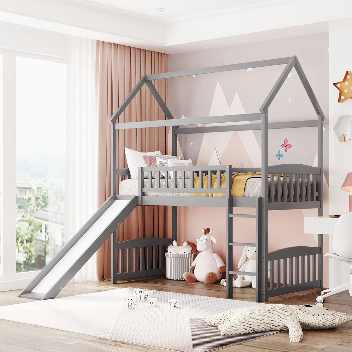 Twin Wood Loft Bed with Slide and Roof Gray X99570