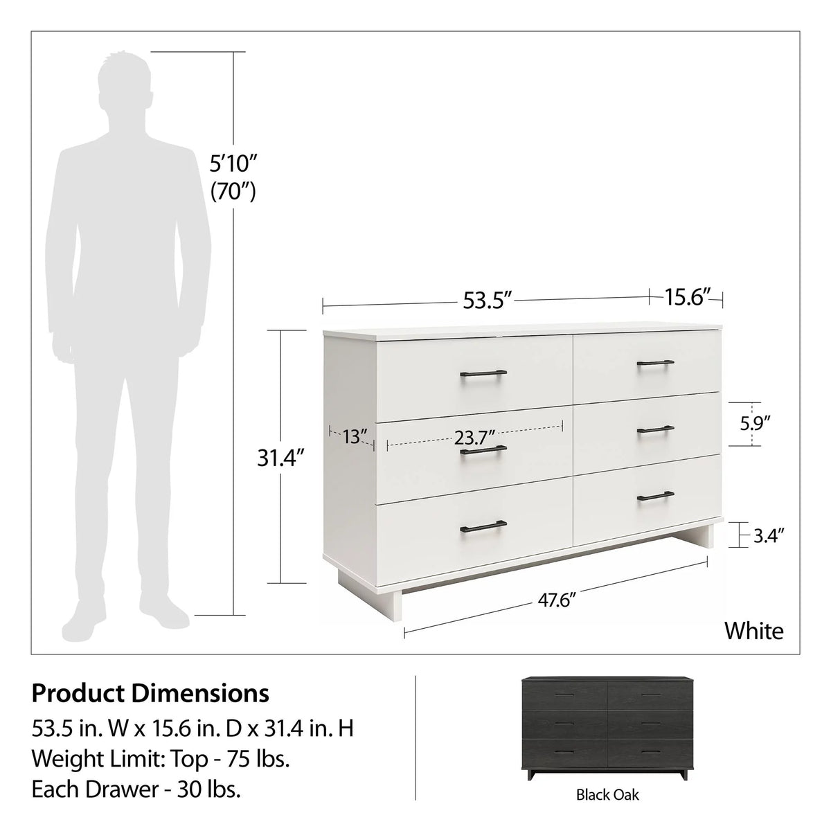Black Oak 6 Drawer Wide Dresser D289