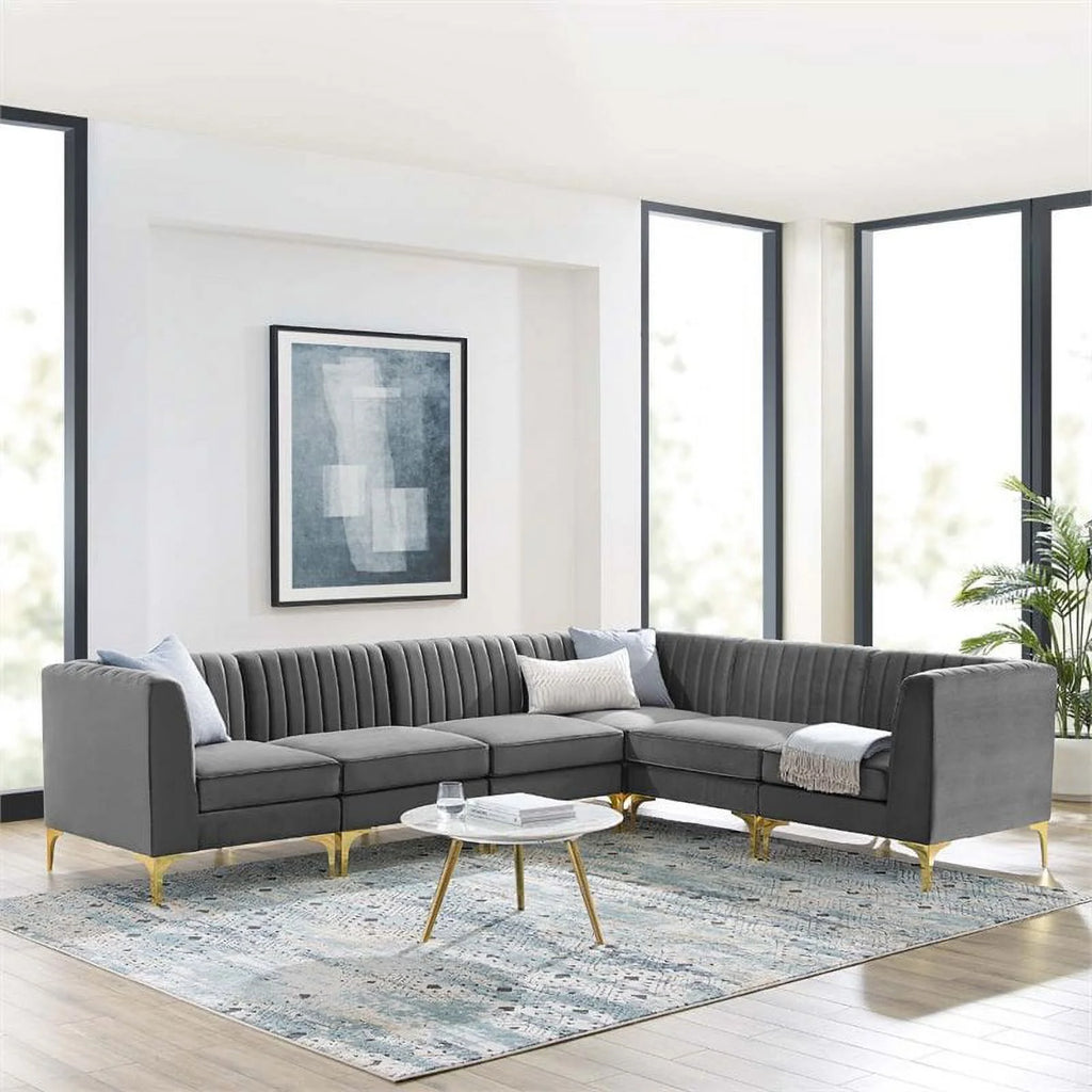 6-Piece Channel Performance Velvet Tufted Sectional Sofa in Gray X668