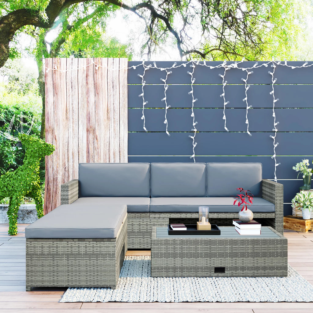 4-Piece All-Weather PE Wicker Patio Sectional Sofa Set with Retractable Table K436474