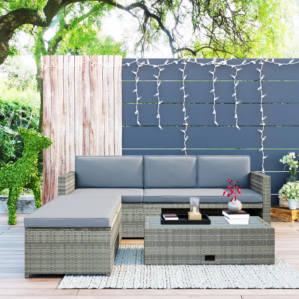 4-Piece All-Weather PE Wicker Patio Sectional Sofa Set with Retractable Table K436474