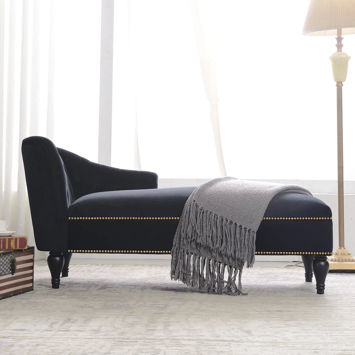 Black Velvet Button Tufted Chaise Lounge D371538