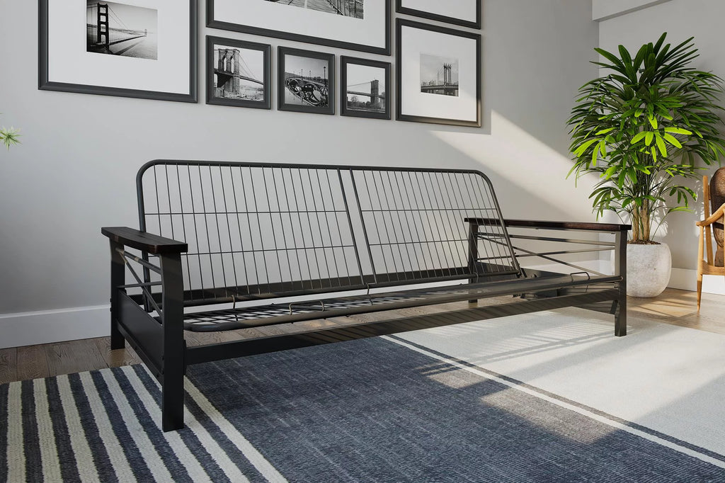 Full Size Metal Futon Frame with Espresso Wood Armrests X93379